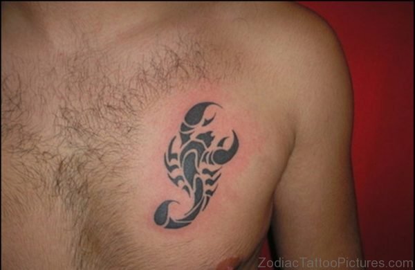 Amazing Black Ink Scorpio Tattoo On Man Chest