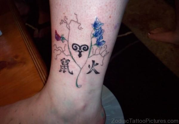 Amazing Tattoo Of Aries Zodiac Sign On Girl Ankle