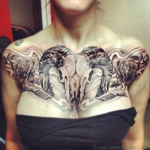 Aries Skull Grey Ink Tattoo On Girl Chest