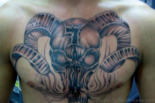 Aries Skull Tattoo On Chest