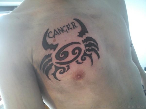 Cancer Zodiac Black Ink Tattoo On Man Chest