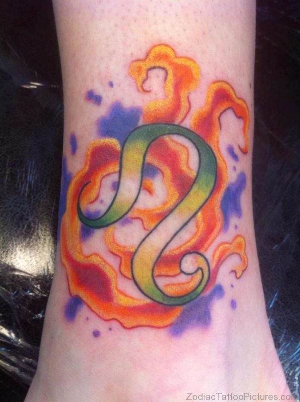Colored Ink Leo Zodiac Tattoo On Ankle