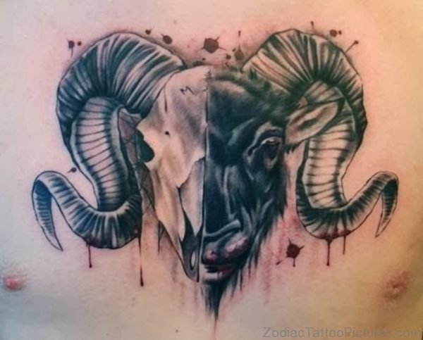 Grey Ink Aries Tattoo On Chest