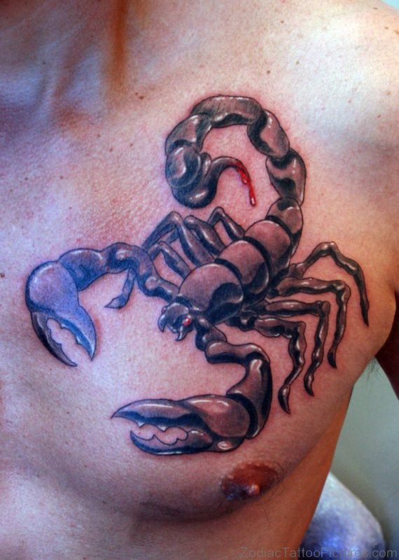Grey Ink Bleeding Tail Scorpio Zodiac Tattoo On Chest