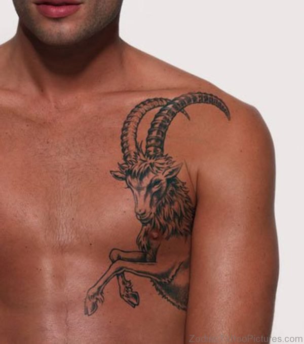 Grey Ink Capricorn Tattoo On Man Chest