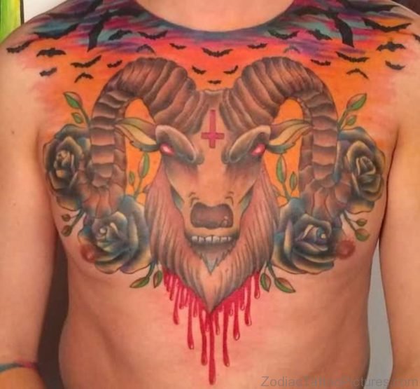 Horrible Aries Head And Cross Tattoo On Mans Chest