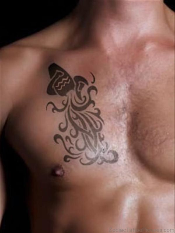 Tribal Aquarius Tattoo On Man Chest