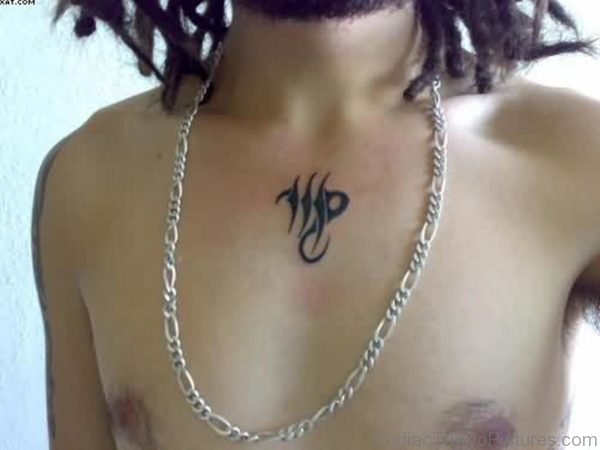 Tribal Black Ink Zodiac Virgo Tattoo On Chest