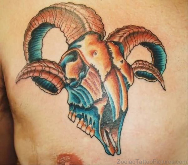 True 3d Tattoo Of Zodiac Aries Skull On Men Chest