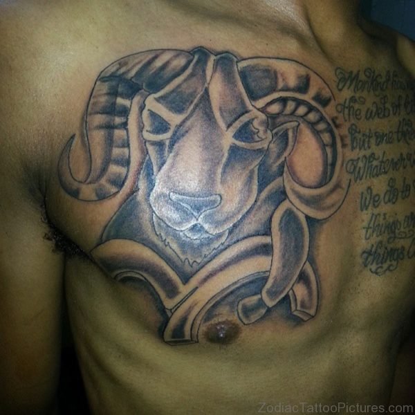 Zodiac Aries Head And Wording Tattoo On Chest