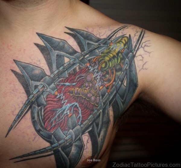 3D Zodiac Robotic Armor Biomechanical Tattoo On Chest