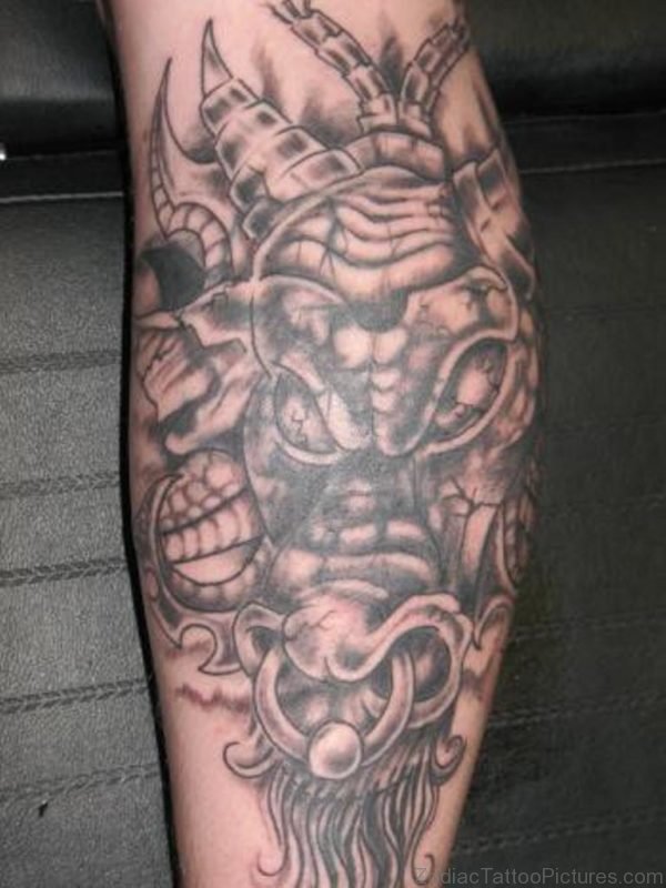 Amazing Grey Ink Taurus Tattoo On Leg Sleeve