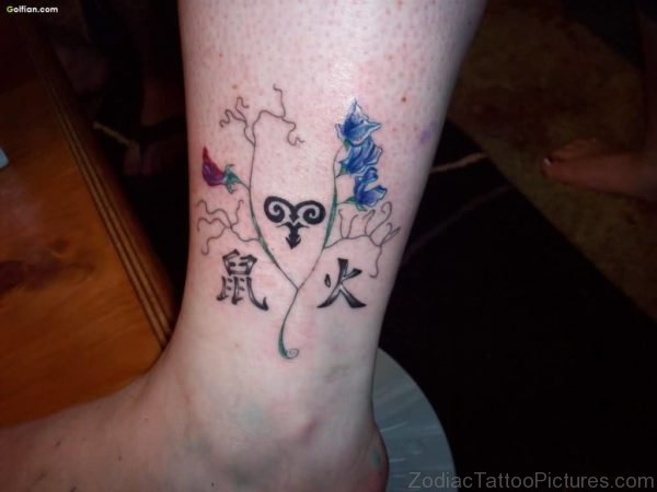 Amazing Tattoo Of Aries Zodiac Sign On Girl’s Leg