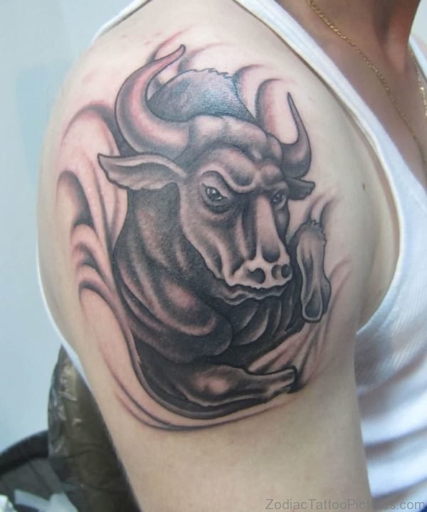 Amazing Taurus Bull Tattoo On Right Shoulder