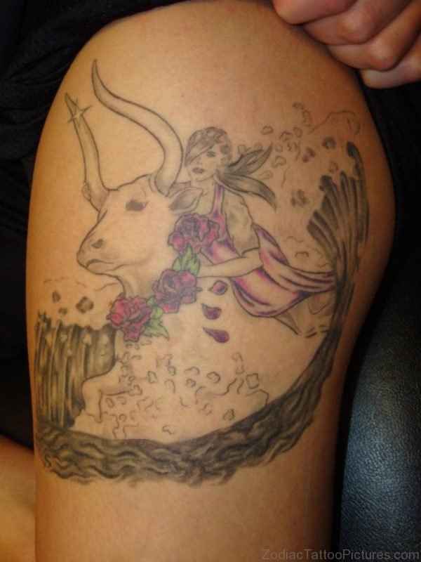 Angel With Taurus Bull Tattoo On Shoulder