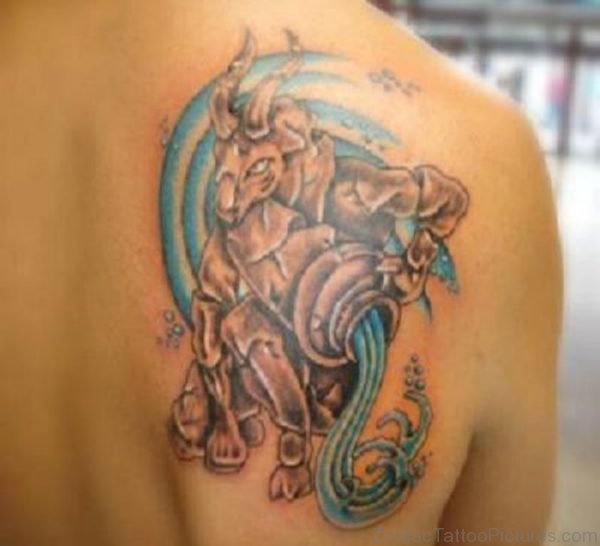 Aquarius Tattoo On Right Shoulder Blade