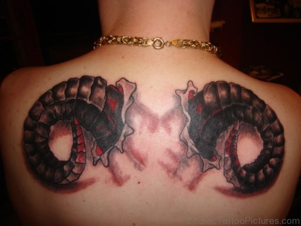 Aries Goat Horns Tattoo On Upper Back