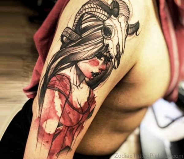 Aries Skull Tattoo On Shoulder 