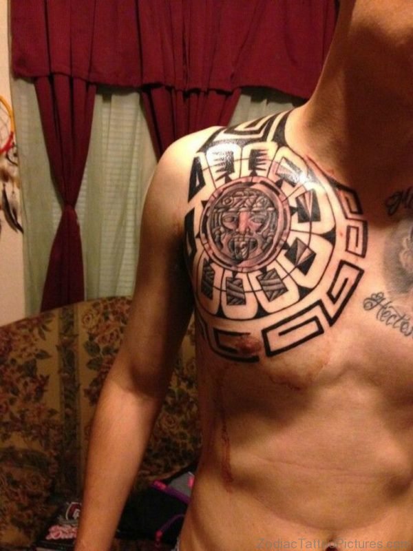 Aztec Calendar Tattoo On Chest 