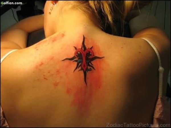 Beautiful Zodiac Aries Sign Tattoo On Upper Back