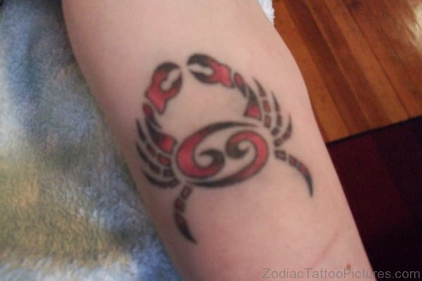 Black And Red Cancer Zodiac Symbol Tattoo On Arm