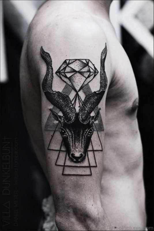 Black Aries Tattoo On Right Shoulder 