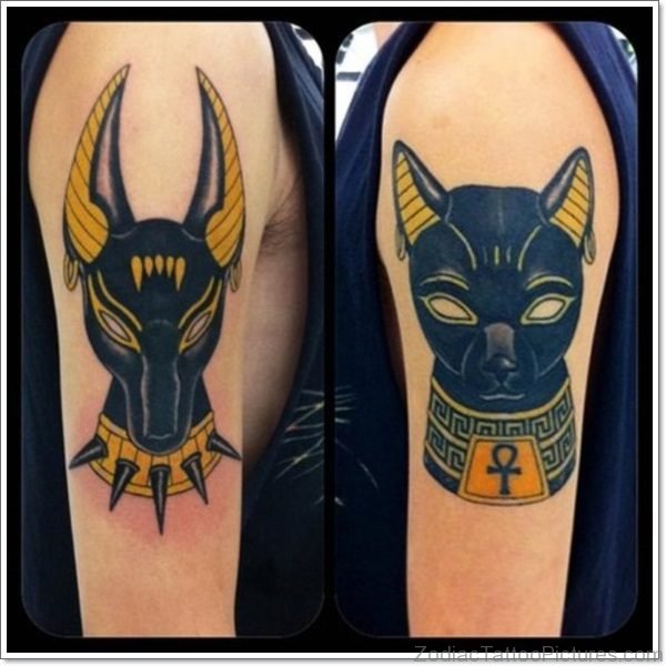 Black Ink Bastet And Anubis Egyptian Tattoo