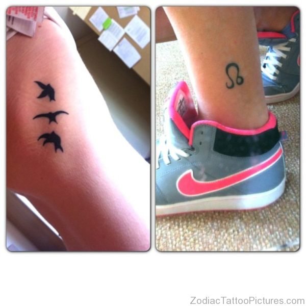 Black Ink Flying Birds And Leo Zodiac Sign Tattoo On Ankle