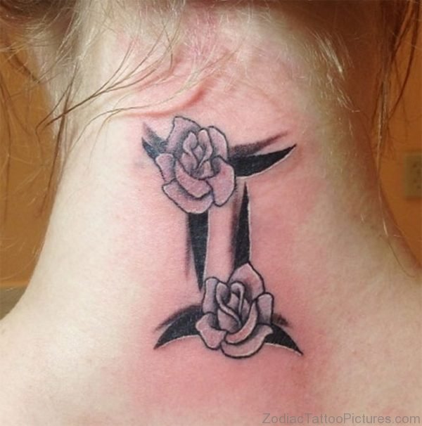 Black Ink Gemini Zodiac Sign With Roses Tattoo