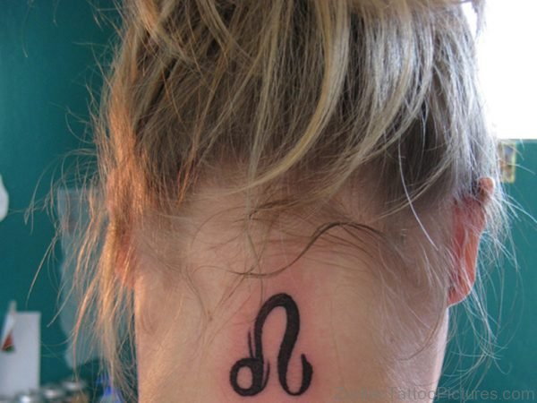 Black Ink Leo Zodiac Tattoo On Back Neck