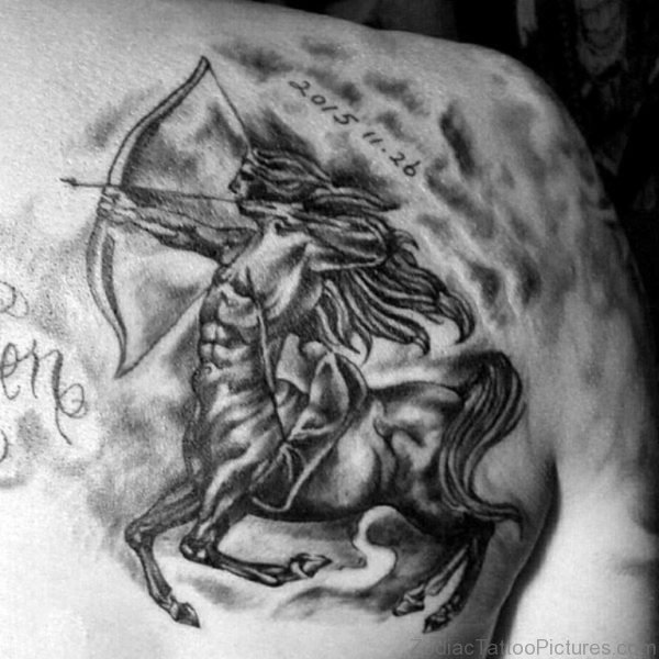 Black Ink Shaded Male Sagittarius Back Tattoo