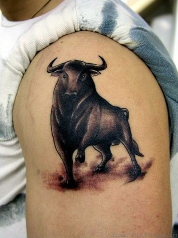Black Ink Taurus Bull Tattoo For Shoulder