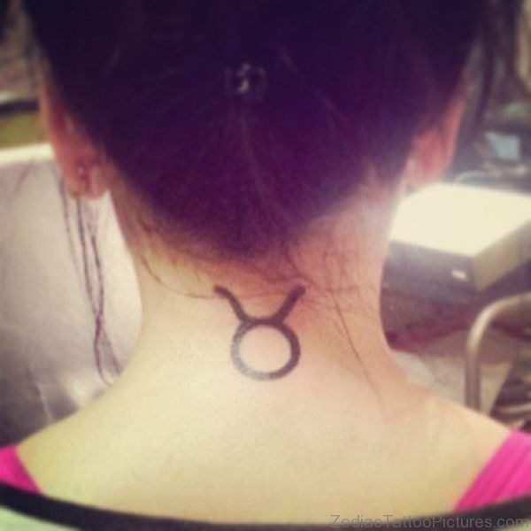 Black Ink Taurus Zodiac Tattoo On Back Neck