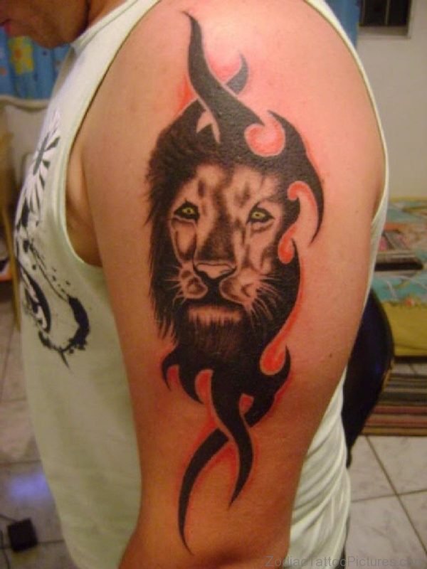 Black Ink Tribal Leo Tattoo On Man Left Half Sleeve