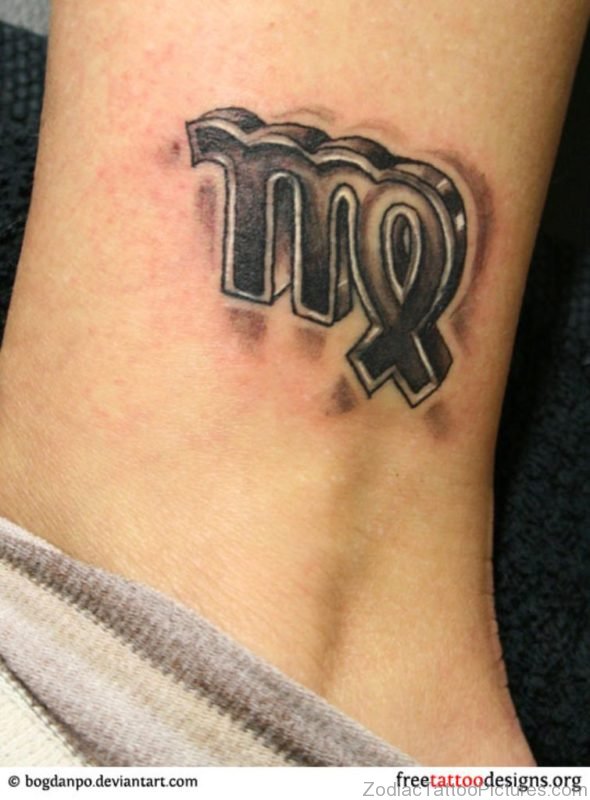 Black Ink Virgo Zodiac Sign Tattoo Design For Leg