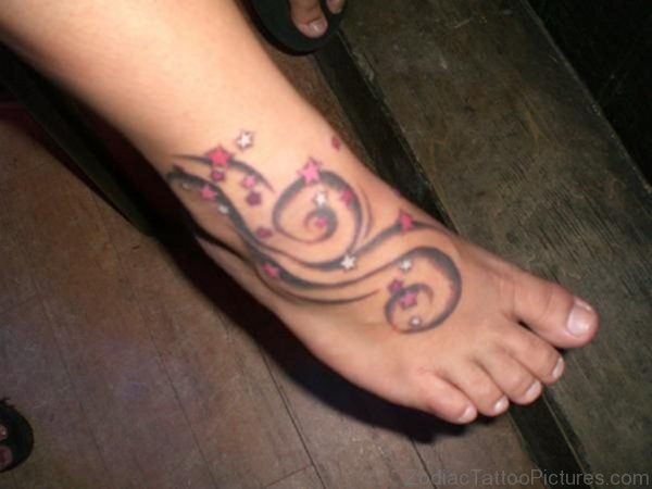 Black Ink Zodiac Libra Tattoo On Ankle