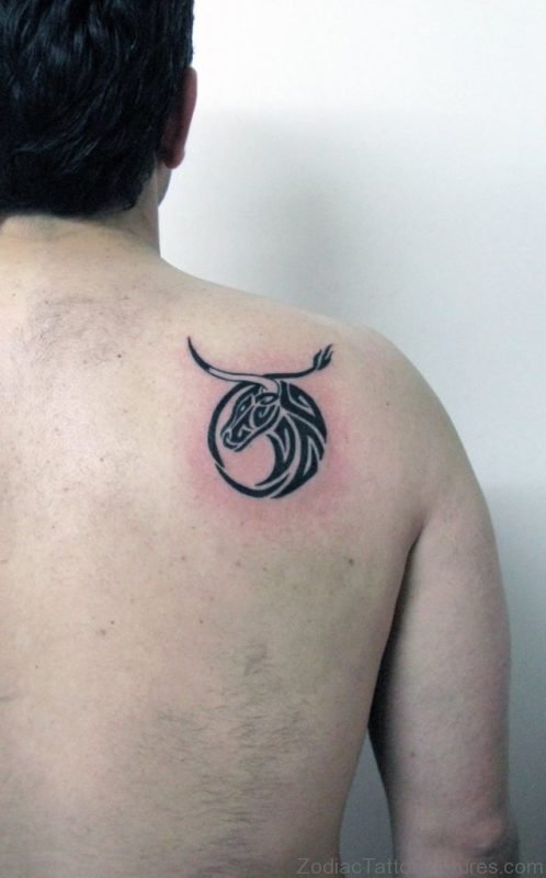 Black Tribal Taurus Head Tattoo Right Back Shoulder