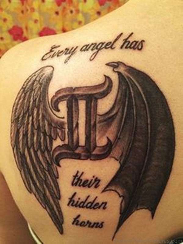 Black Wings And Gemini Tattoo