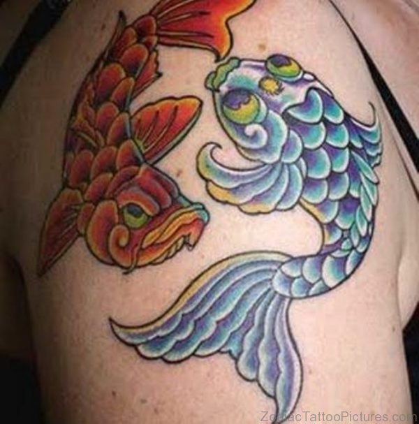 Blue Waves And Pisces Zodiac Tattoos On Shoulder