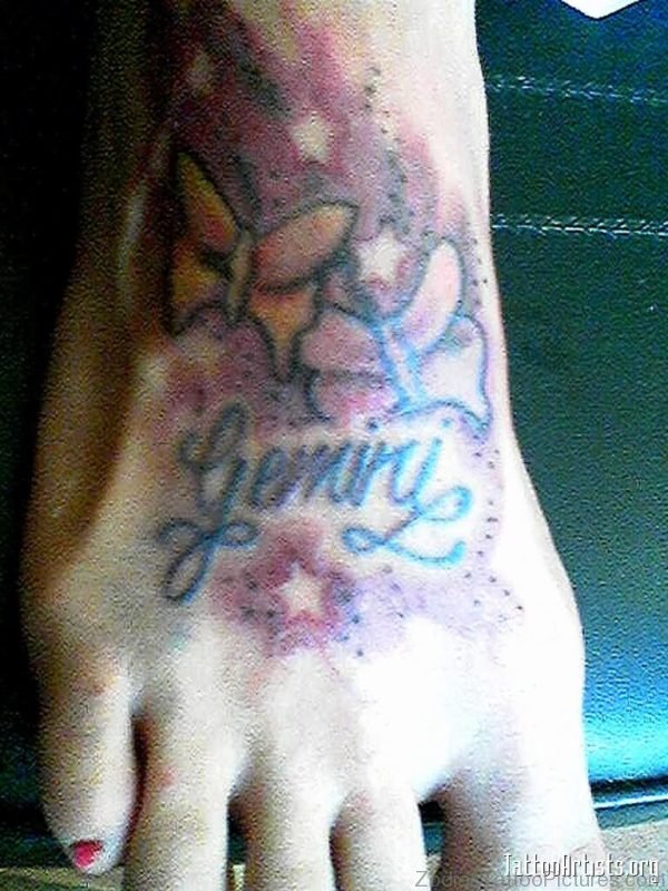 Butterflies And Gemini Tattoo On Girl Right Foot