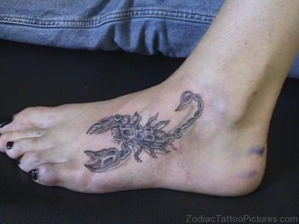 Classic Grey Ink Scorpion Tattoo On Girl Foot