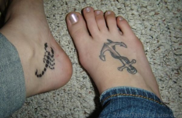 Classic Scorpion And Anchor Tattoo On Feet