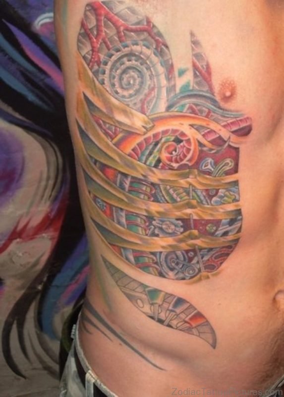 Color Ink Biomechanical Tattoo On Rib Side