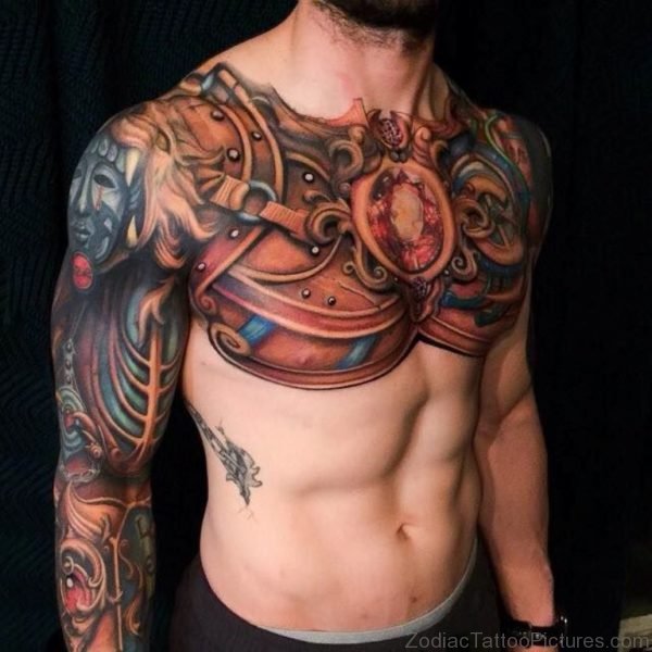 Colored Armour Tattoo On Chest