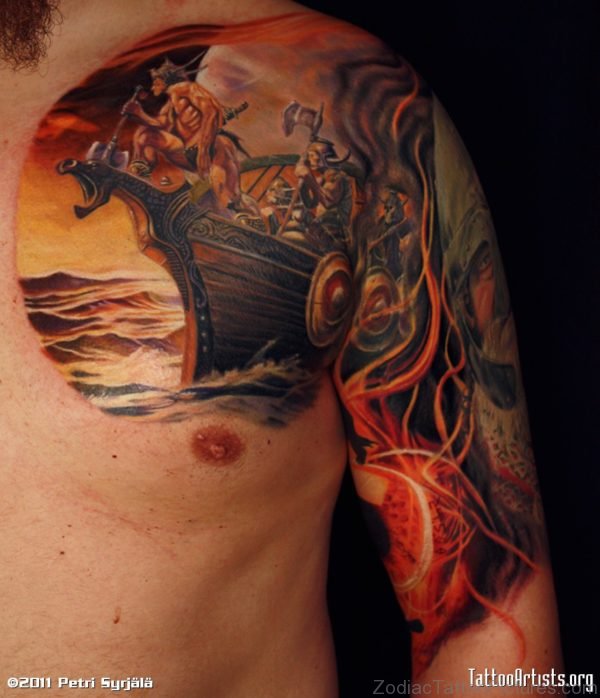 Colored Viking Tattoo On Chest