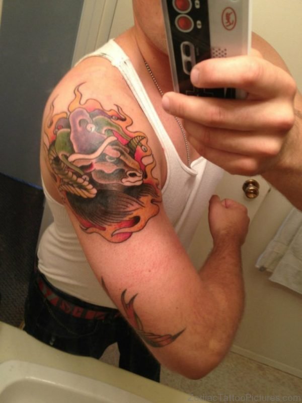 Colorful Aries Shoulder Tattoo Design 