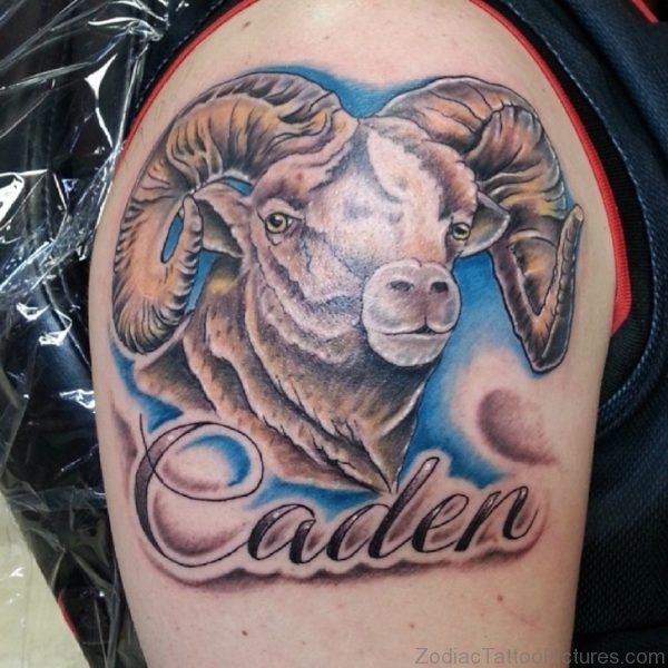 Colorful Aries Shoulder Tattoo 