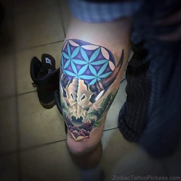 Colorful Taurus Bull Skull Male Tattoo Design On Thigh Of Leg