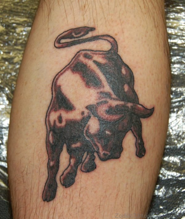 Dark Ink Taurus Tattoo On Leg