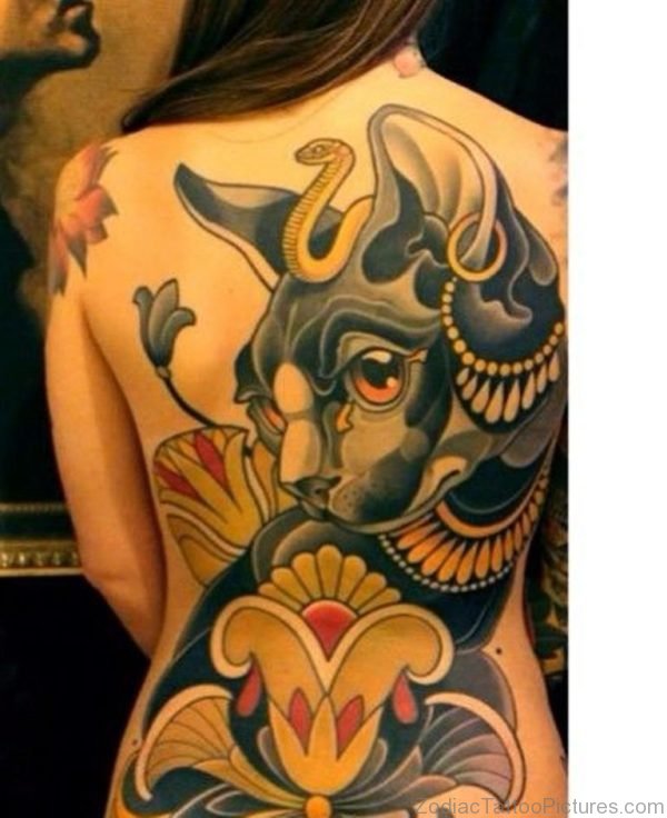 Egyptian Cat Tattoo On Full Back